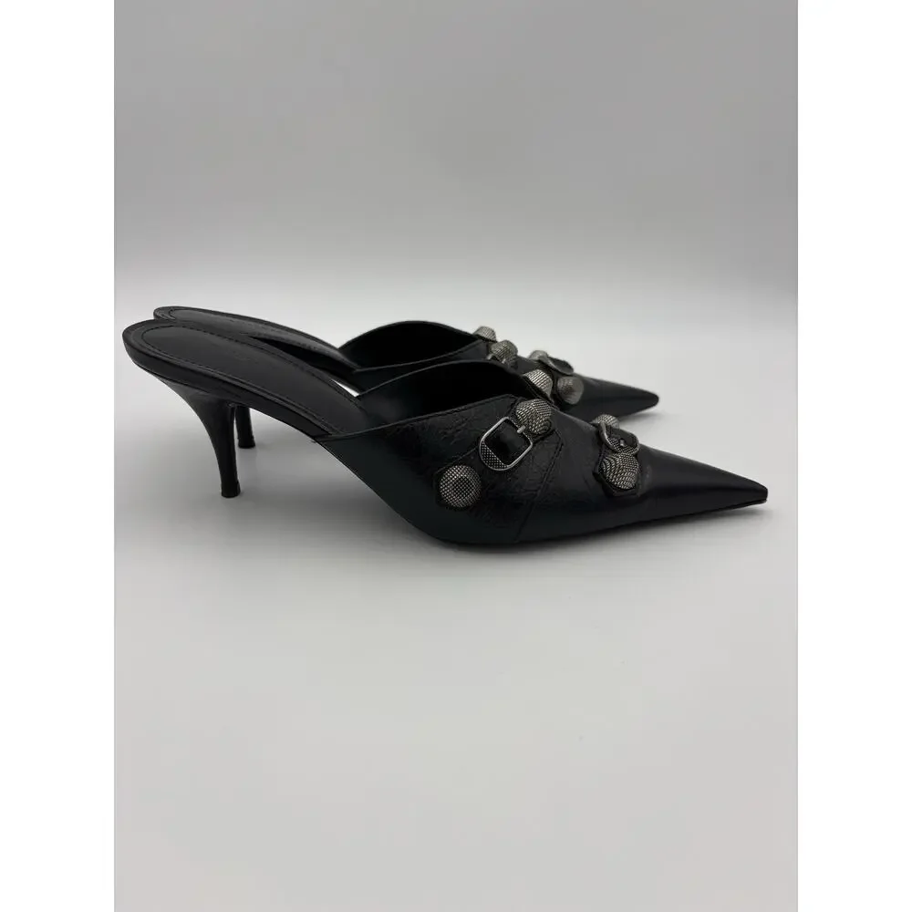 Balenciaga Point Toe Mules Black Leather Studded Size 39 / 9 Kitten Heel